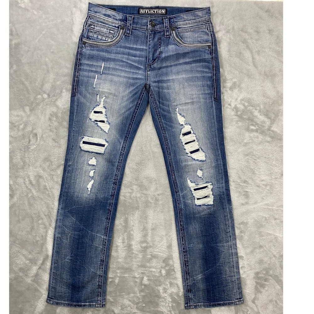 Affliction Ace Ivan Straight Jeans Mens 32 Blue Distressed Embroidered 110SS254